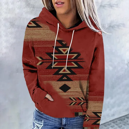 Vista 2 de Sudaderas con capucha estilo étnico azteca occidental para mujer, estilo casual, folk, manga larga, con bolsillo