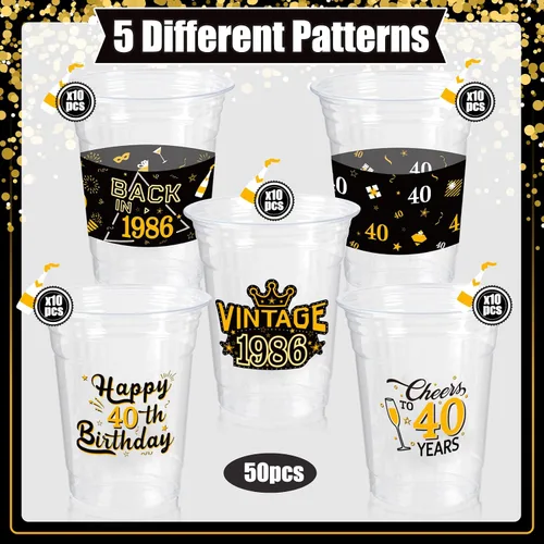 Vista 4 de 50 Piezas Vasos de Plástico para Fiesta de Cumpleaños 40 a Granel, 16 Oz Vasos de Beber Desechables de Plástico Transparente Negro Dorado