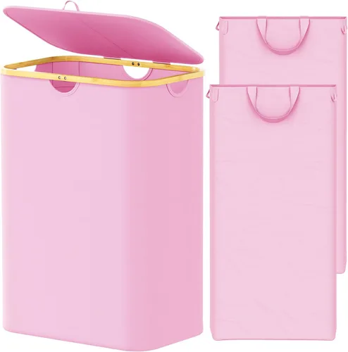 Vista 13 de SpaceAid Cesta de lavandería delgada con ruedas y tapa, cesta de ropa estrecha rodante de 62 litros con mango de bambú, canasta grande para ropa