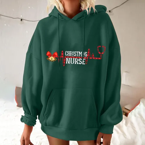 Vista 4 de Christmas Nurse Unisex Adult Graphic Hooded Classic Fit Comfy Pullover Heart Pattern Sweatshirt Holiday Shirts Tops