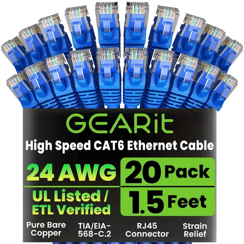 Vista 48 de GEARit Paquete de Cables Ethernet Cat 6 - Paquete de 20 Cables de Conexión Ethernet Cat6 de 1 pie Cable de Conexión de Red RJ45, Conectores