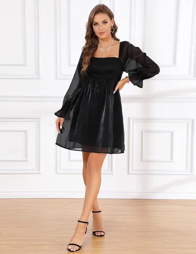 Vista 7 de KOJOOIN Vestido midi de malla para mujer, manga abombada, cuello cuadrado