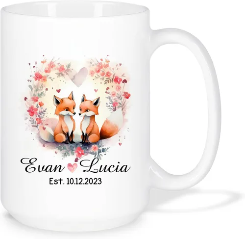 Vista 9 de Taza de café personalizada con diseño de zorro de 11 onzas, 15 onzas, divertida taza de viaje para pareja de zorros, taza de té con nombre y fecha