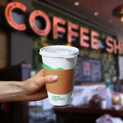 Vista 7 de Vasos de papel compostables de 16 onzas con tapas planas blancas, mangas y agitadores de madera, tazas de café de papel blanco biodegradables