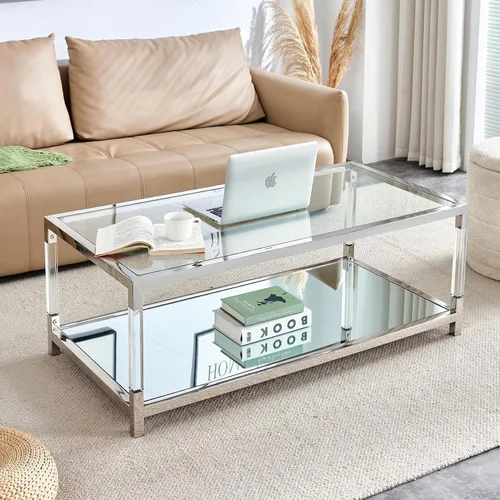 Vista 26 de Mesa auxiliar de cristal dorado de lujo, moderna mesa de centro cuadrada para sofá con base de acero inoxidable con espejo brillante, mesa de noche