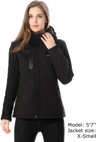 Vista 3 de Venustas - Chaqueta térmica para mujer con batería de 7.4 V, resistente al viento, eléctrica, aislada, con capucha desmontable, ajuste delgado
