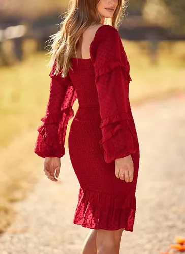 Vista 2 de PRETTYGARDEN Vestido corto ajustado fruncido para mujer, manga larga, cuello cuadrado, lunares suizos, volantes, vestido elegante de sirena