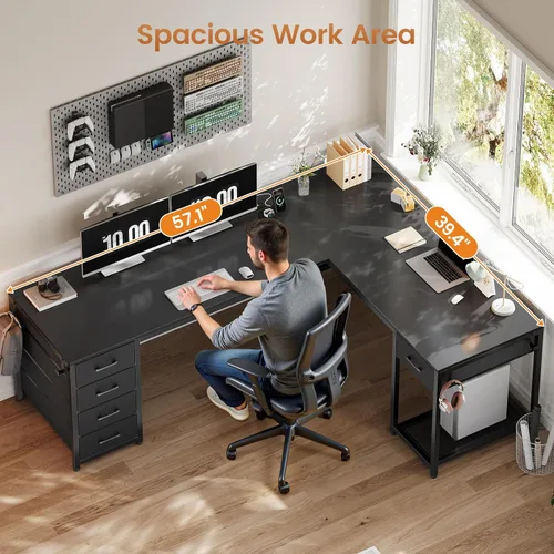 Vista 4 de Escritorio en forma de L de 57 pulgadas con 5 cajones, escritorio de esquina reversible para computadora con almacenamiento y tira de alimentación