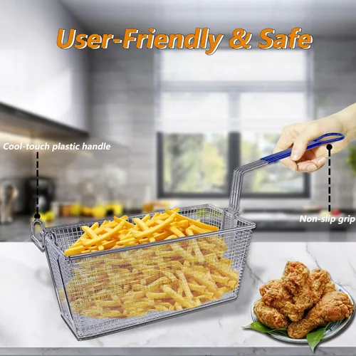 Vista 2 de Hakka - Paquete de 4 cestas comerciales para freidoras, 13.25 x 6.5 x 6 pulgadas con mango antideslizante, resistente niquelado para restaurantes