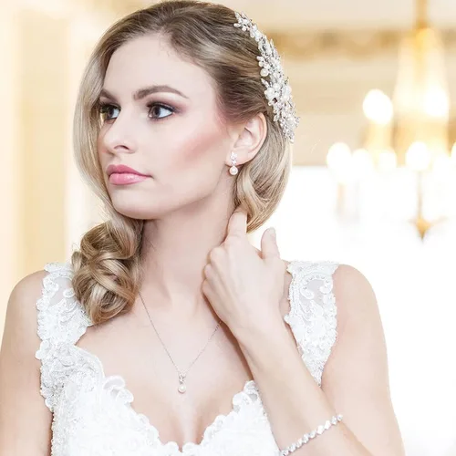 Vista 3 de Joyas de boda para novia, dama de honor, aretes colgantes de perlas y collar colgante, joyería de novia para promesas, bodas y fiestas, Metal