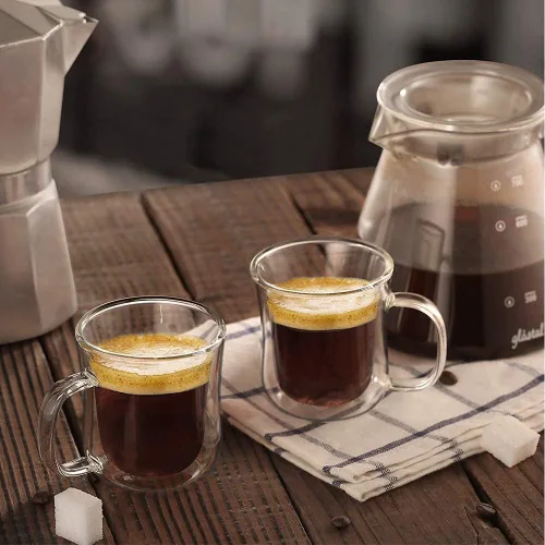 Vista 6 de ecooe Juego de 2 tazas de café de doble pared de 4 onzas, tazas de café de vidrio transparente con asa, taza de café aislada de borosilicato Clear