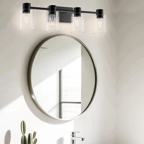 Vista 8 de Lámparas de tocador modernas de 4 luces sobre el espejo, lámparas de baño negro mate, luces de tocador, aplique de pared con pantalla de vidrio