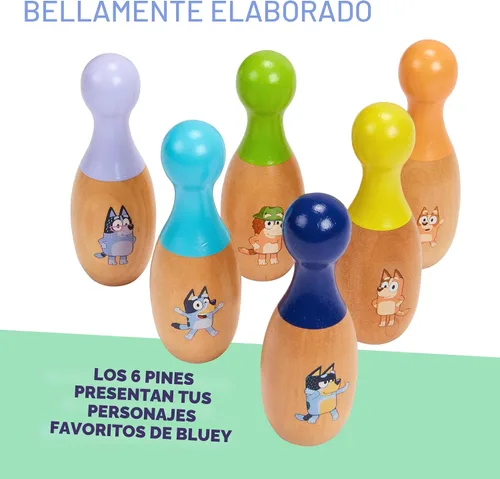 Vista 4 de Bluey Juego de Bolos de Madera – Juego de Bolos con 6 Pines de Bolos de Madera con Personajes, Juguete Duradero para Niños de 3+ Años, Juego