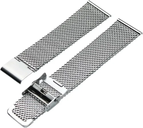 Vista 2 de RECHERE Pulsera de acero inoxidable de malla para reloj de pulsera, correa de enclavamiento, cierre de seguridad, plata 18 20 22 0.945 in