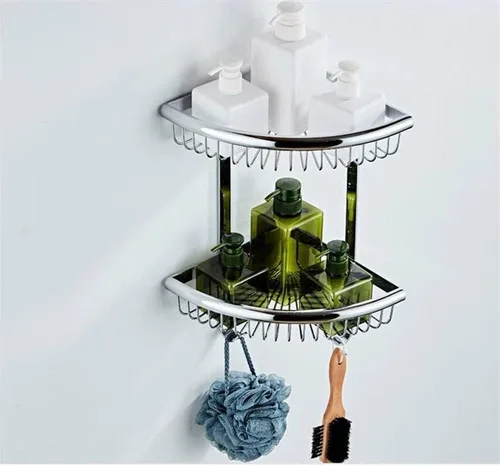 Vista 2 de Organizador de ducha de esquina estantes flotantes estantes de baño Estante de almacenamiento de latón de cristal Soporte para champú Accesorios