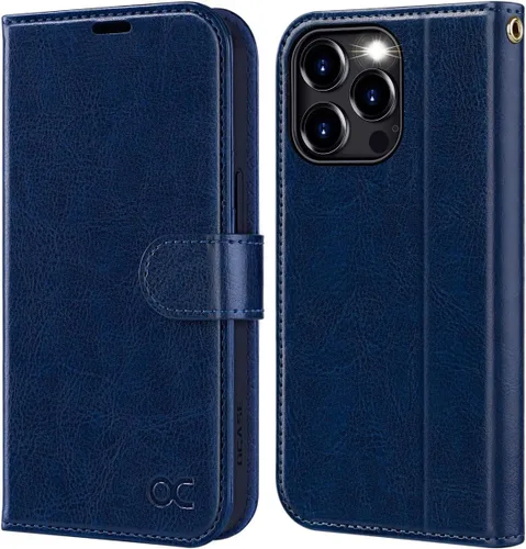 Vista 16 de OCASE Funda compatible con iPhone 15 Pro Max, funda tipo cartera de piel sintética con tarjeteros, bloqueo RFID, soporte a prueba de golpes, funda