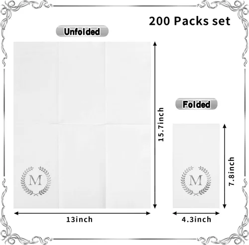 Vista 2 de Paquete de 200 servilletas desechables con monograma de papel de aluminio plateado con letra M, servilletas de mano desechables con inicial