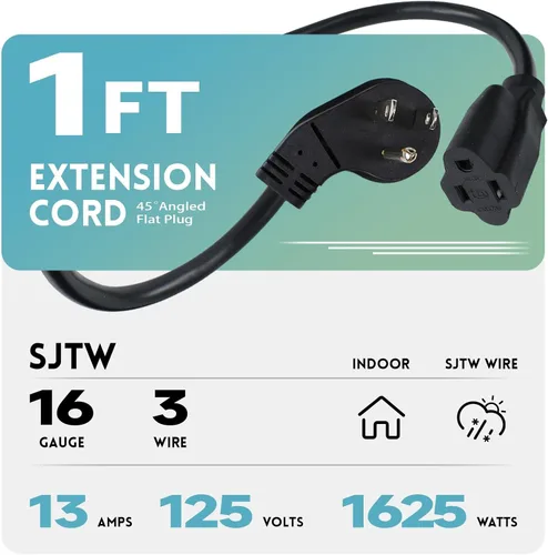 Vista 2 de EP Paquete de 3 cables de extensión de enchufe plano de 1 pie, cable de extensión de perfil bajo negro de 16 AWG de 3 clavijas para interiores