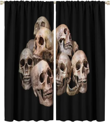 Vista 15 de Cortinas de cabeza de calavera, calavera blanca y rosas rojas con ramas y hojas negras, cortinas opacas decorativas para sala de estar, dormitorio