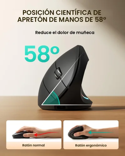 Vista 2 de POJTK Ratón ergonómico inalámbrico recargable, conexión Bluetooth+USB A+Tipo C (3 en 1), 5 niveles hasta 4800 DPI, 6 botones silenciosos, ratones