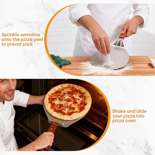 Vista 5 de IUAQDP Espátula de pizza de acero inoxidable, pala de cáscara, elevador de pasteles, mango de madera, soporte para placa de hornear, pizza casera