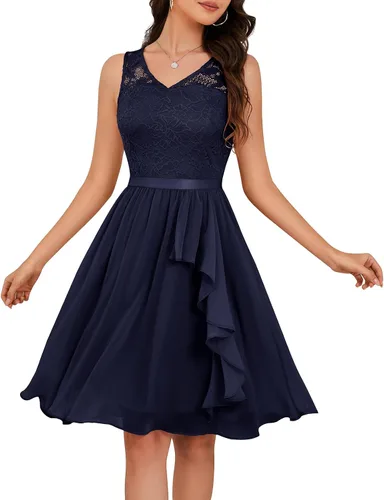 Vista 10 de Meetjen Vestidos de cóctel para mujer 2025 con dobladillo tipo pañuelo, encaje, formal, para invitada de boda, dama de honor, elegante, para Negro