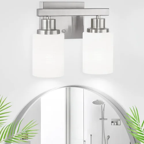 Vista 16 de Juego de 2 apliques de pared para baño, 1 luz negra, apliques de pared modernos para interiores con pantallas de vidrio blanco, lámpara de pared