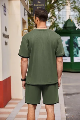 Vista 9 de COOFANDY Conjunto de camisa y pantalones cortos de gofre para hombre, conjunto de 2 piezas, conjunto casual de verano con bolsillos