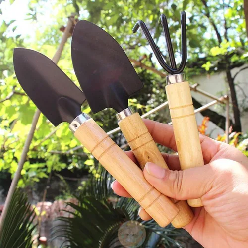 Vista 6 de Juego de 3 mini herramientas de jardín, palas pequeñas y rastrillo de mano con mango de madera maciza, herramientas de jardinería