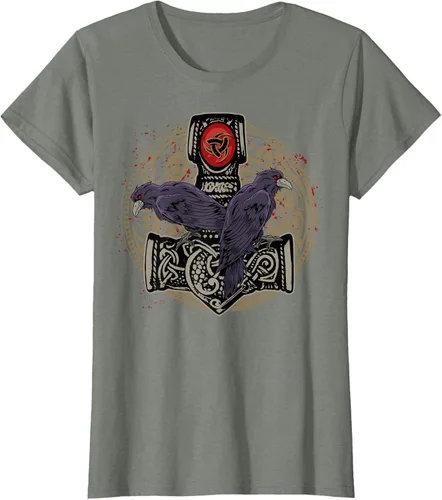 Vista 16 de Thors Hammer Mjolnir Huginn and Muninn Odin Raven - Camiseta, Negro, S