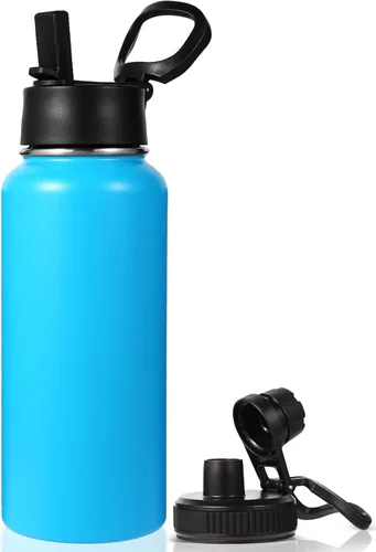 Vista 8 de Neihepal Botella de agua aislada de 32 onzas con 2 tapas (tapa con pajilla y boquilla), botellas de agua de doble pared de acero inoxidable 18/8