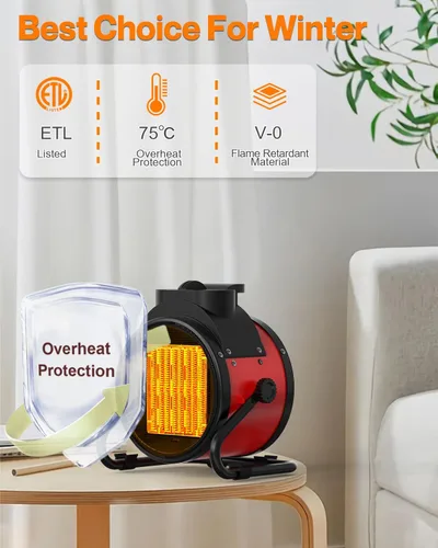 Vista 3 de Calentadores de patio para exteriores, calentador eléctrico portátil de garaje de 1500 W con calentamiento rápido 2S, protección contra