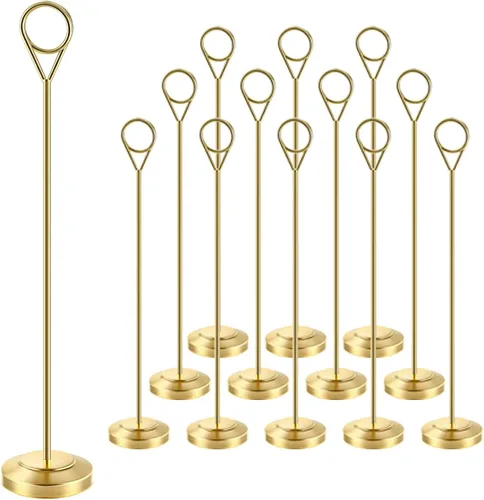 Vista 10 de Radezon 12 soportes dorados para números de mesa, 4 pulgadas de alto para mesa, soportes resistentes para fotos con base antipunta para recepción