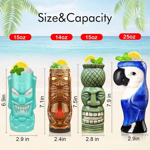 Vista 2 de SuproBarware Tiki - Juego de 4 tazas grandes de cerámica hawaiana para fiestas, cócteles, tazas tropicales de primera calidad, bonitas copas