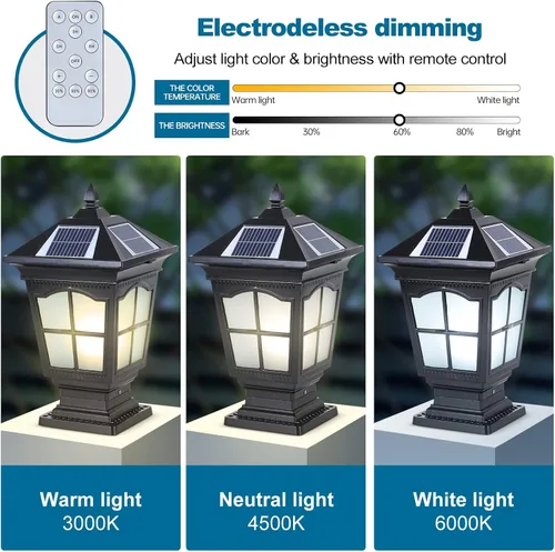 Vista 3 de Luces solares de columna para exteriores, IP65, impermeables, externas, tricolor, atenuación, luces de poste de luz de poste de aluminio para patio