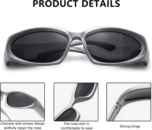 Vista 6 de FURISHQI Y2K - Gafas de sol envolventes para mujeres y hombres con tecnología futura y diseño de sentido protección UV