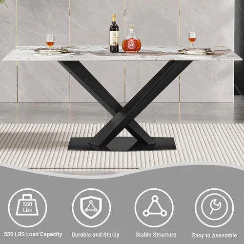 Vista 6 de Juego de 5 mesas de comedor, juego de mesa de cocina y comedor para 4, mesa de cocina rectangular de mármol sintético blanco de 47 pulgadas con base