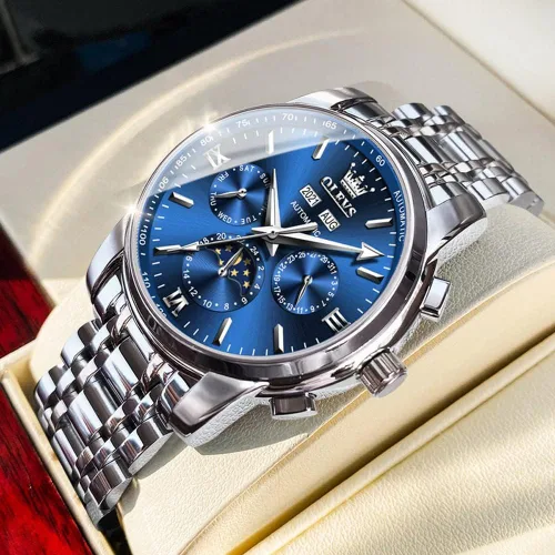 Vista 2 de OLEVS Automatic Mechanical Watches for Men Self Winding no Battery Stainless Steel Strap Luxury Moon Phase Luminous Waterproof Wrist Watch