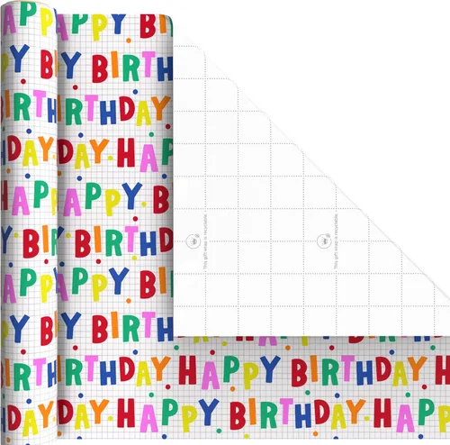 Vista 5 de Hallmark Mini rollos de papel de regalo de cumpleaños, paquete de 3 (lunares arcoíris y letras, Yay azul y blanco) para fiestas infantiles