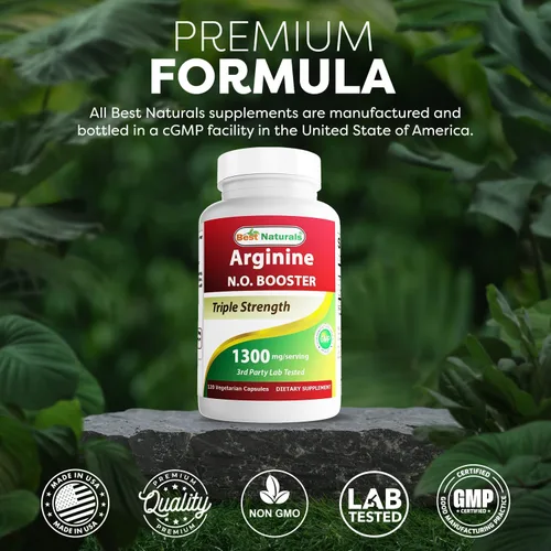 Vista 5 de Best Naturals L-Arginina NO Booster Triple Strength 1300 mg Servir 120 cápsulas vegetales - Hecho con L-Arginina, AAKG, L-Citrulina, Remolacha