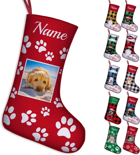 Vista 14 de Calcetines de Navidad personalizados para perros y gatos, 42 patrones de perros y mascotas, calcetines de Navidad personalizados con nombres, adorno