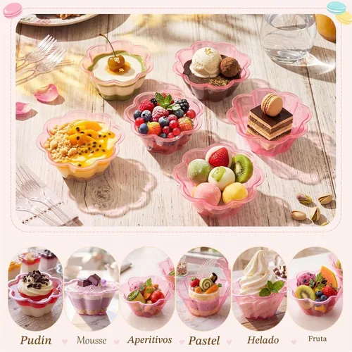 Vista 3 de Zubebe Paquete de 100 cuencos de helado con forma de flor de 10 onzas de Rojo rosa