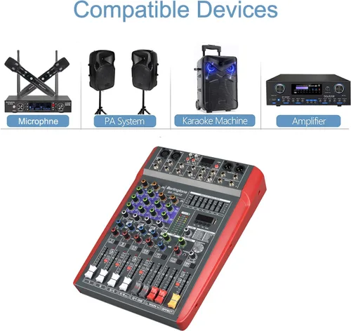 Vista 6 de Mezclador profesional de audio de estudio Bluetooth de 6 canales, controlador de sonido DJ, unidad USB, grabación de PC, RCA, conector de micrófono