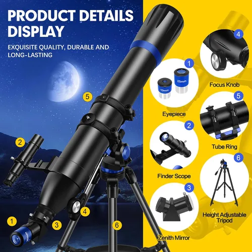 Vista 5 de Telescopio, apertura de 90 mm 800 mm - Telescopio para adultos y niños, telescopios refractores profesionales para adultos de alta potencia