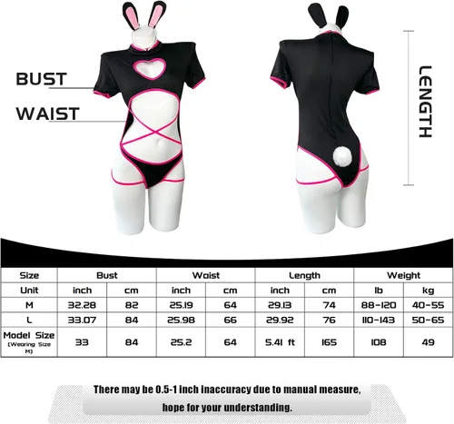 Vista 6 de paloli Disfraz de conejito para mujer, sexy, de una pieza, con corte de anime, parte delantera de corazón, lindo conjunto de traje