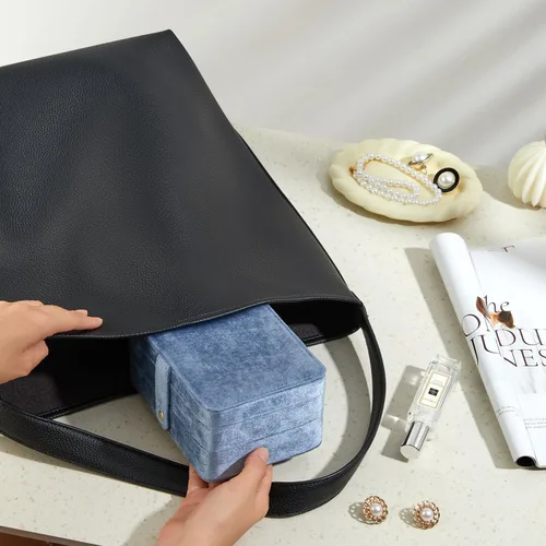 Vista 6 de Joyero pequeño de terciopelo para mujeres y niñas, estuche portátil de viaje de doble capa para anillos, colgantes, aretes, collares, organizador