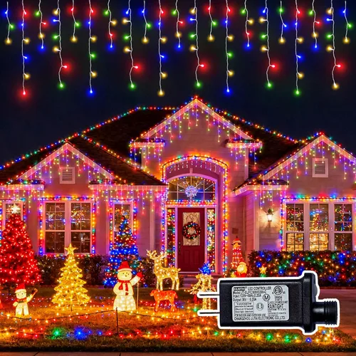 Vista 9 de Luces de Navidad de carámbano para exteriores - 200 LED 6.4+4.9 m 8 modos, cortina de luces de hadas en forma de guirnalda, enchufables