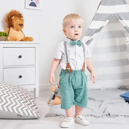 Vista 6 de Conjunto de traje de caballero de manga corta para bebé niño con corbatín + pantalones cortos con tirantes y pantalones cortos para bautizo festivo