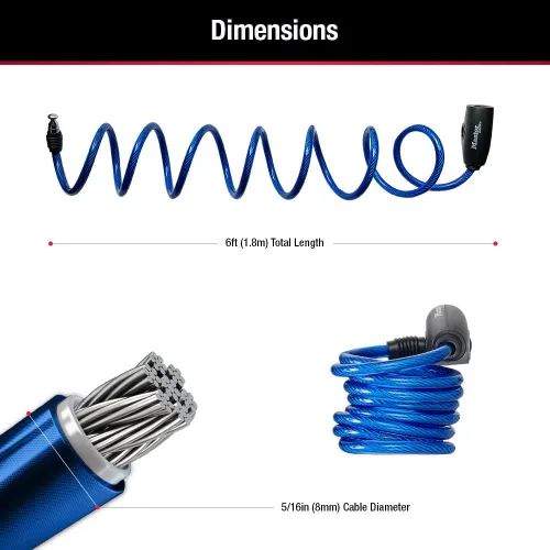 Vista 6 de Master Lock Cables para candado de bicicleta con llave, azul, verde y rojo, paquete de 3 cerraduras de cable de bicicleta con llave, 6 pies