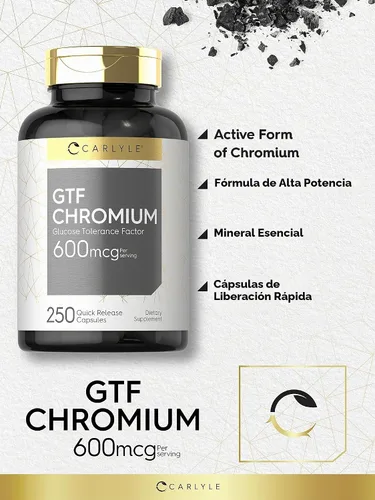 Vista 4 de Carlyle GTF Suplemento de cromo 600 mcg 250 cápsulas Factor de tolerancia a la glucosa Fórmula sin OMG y sin gluten